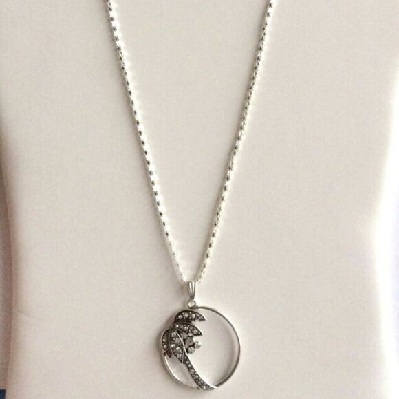 Palm Tree Pendant Necklace Crystal Silver Plated 23" X-Long Chain Coconut Island - Picture 4 of 12